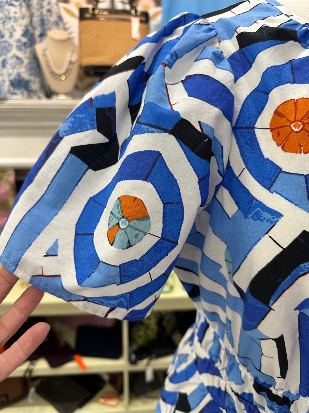 Anthropologie Blue Geometric Print Tiered Maxi Dress with Orange Accents. - Picture 3 of 8